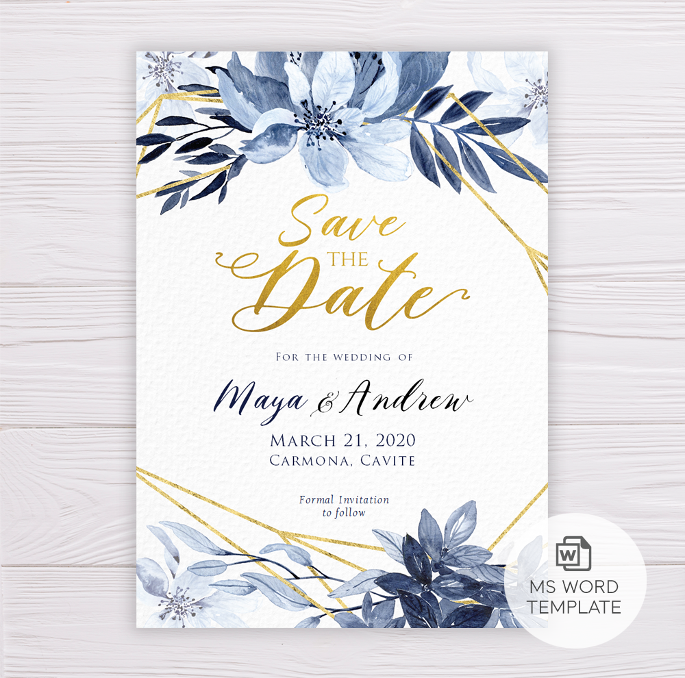 Save the Date Template with Blue Flowers & Gold Frame – Dgtally With Regard To Save The Date Template Word