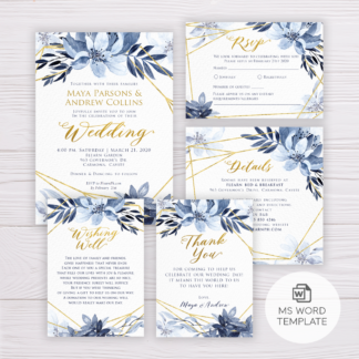 Blue Watercolor Flowers with Gold Frame Wedding Invitation Suite Template