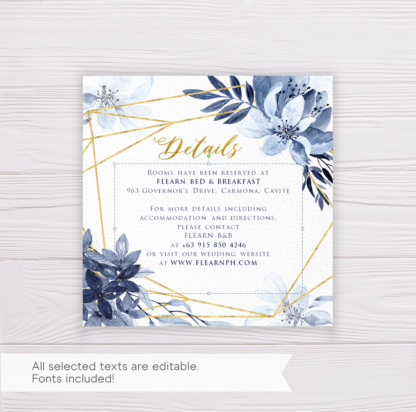 Blue Watercolor Flowers with Gold Frame Wedding Invitation Suite Template - Details Card