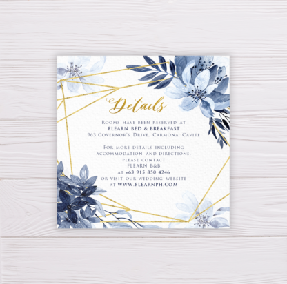 Blue Watercolor Flowers with Gold Frame Wedding Invitation Suite Template - Details Card