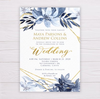 Blue Watercolor Flowers with Gold Frame Wedding Invitation Suite Template - Main Invitation