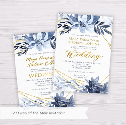 Blue Watercolor Flowers with Gold Frame Wedding Invitation Suite Template - Main Invitation