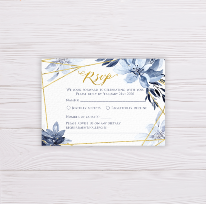 Blue Watercolor Flowers with Gold Frame Wedding Invitation Suite Template - RSVP