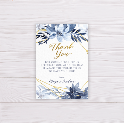 Blue Watercolor Flowers with Gold Frame Wedding Invitation Suite Template - Thank You Card