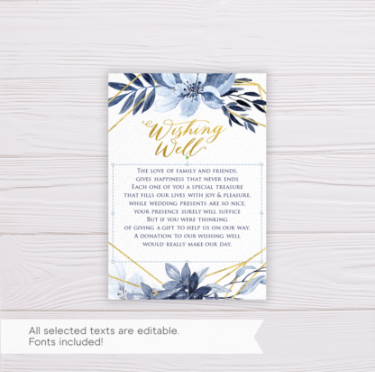 Blue Watercolor Flowers with Gold Frame Wedding Invitation Suite Template - Wishing Well