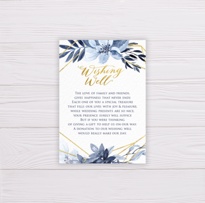 Blue Watercolor Flowers with Gold Frame Wedding Invitation Suite Template - Wishing Well