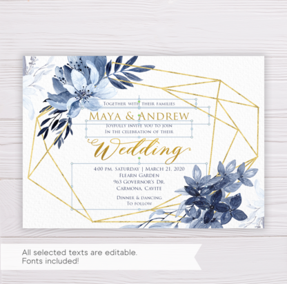 Blue Watercolor Flowers with Gold Frame Wedding Invitation Template