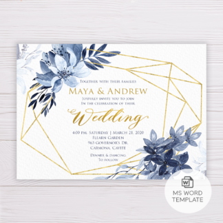Blue Watercolor Flowers with Gold Frame Wedding Invitation Template