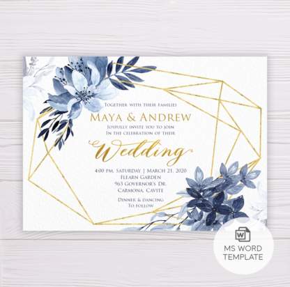 Blue Watercolor Flowers with Gold Frame Wedding Invitation Template