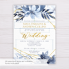 Blue Watercolor Flowers with Gold Frame Wedding Invitation Template