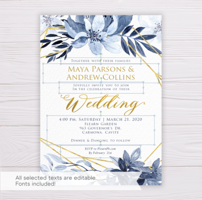 Blue Watercolor Flowers with Gold Frame Wedding Invitation Template