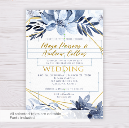 Blue Watercolor Flowers with Gold Frame Wedding Invitation Template