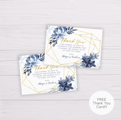 Blue Watercolor Flowers with Gold Frame Wedding Thank You Card Template