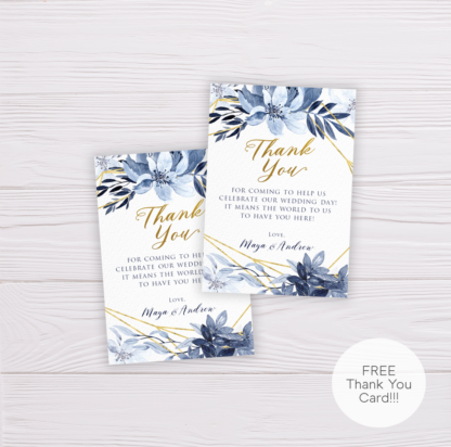 Blue Watercolor Flowers with Gold Frame Wedding Thank You Card Template