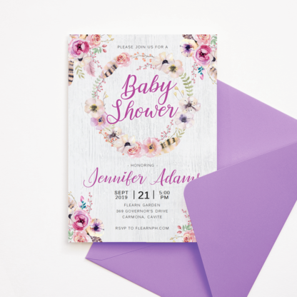 Bohemian Baby Shower Invitaiton Template, with Purple Flower Wreath