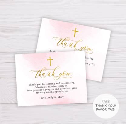 Pink & Gold Baptism Thank You Card Template