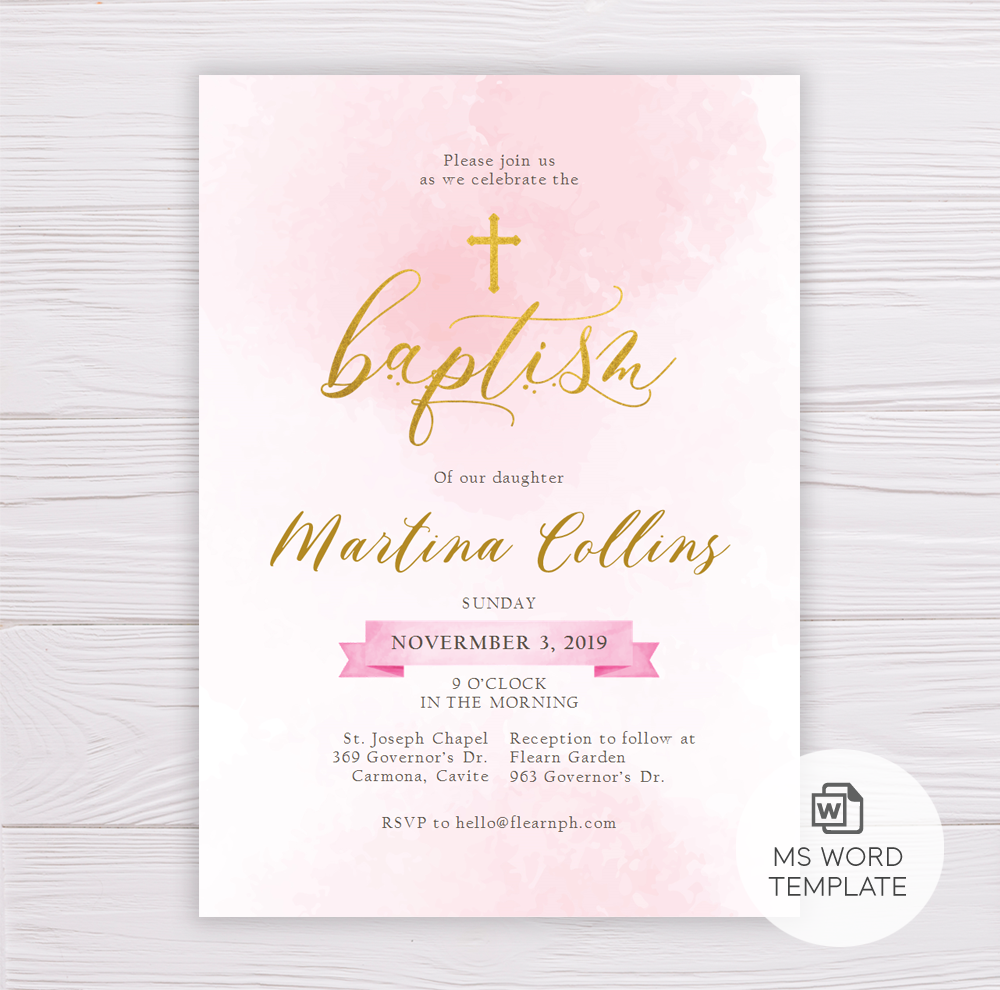 Baptism Invitation Template – Pink Watercolor & Gold – Dgtally For Blank Christening Invitation Templates