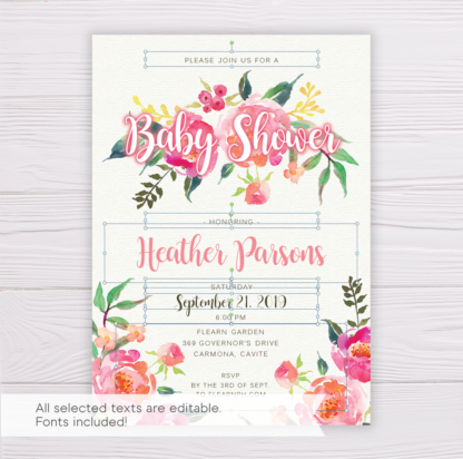 Pink Flowers Baby Shower Invitation Template