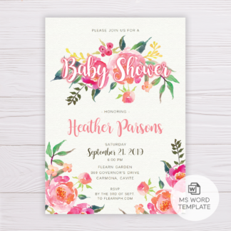 Pink Flowers Baby Shower Invitation Template