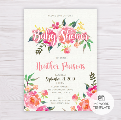 Pink Flowers Baby Shower Invitation Template