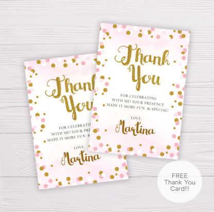 Pink & Gold Glittered Circles Thank You Card