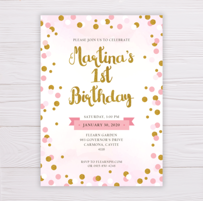 Pink & Gold Glittered Circles Birthday Invitation