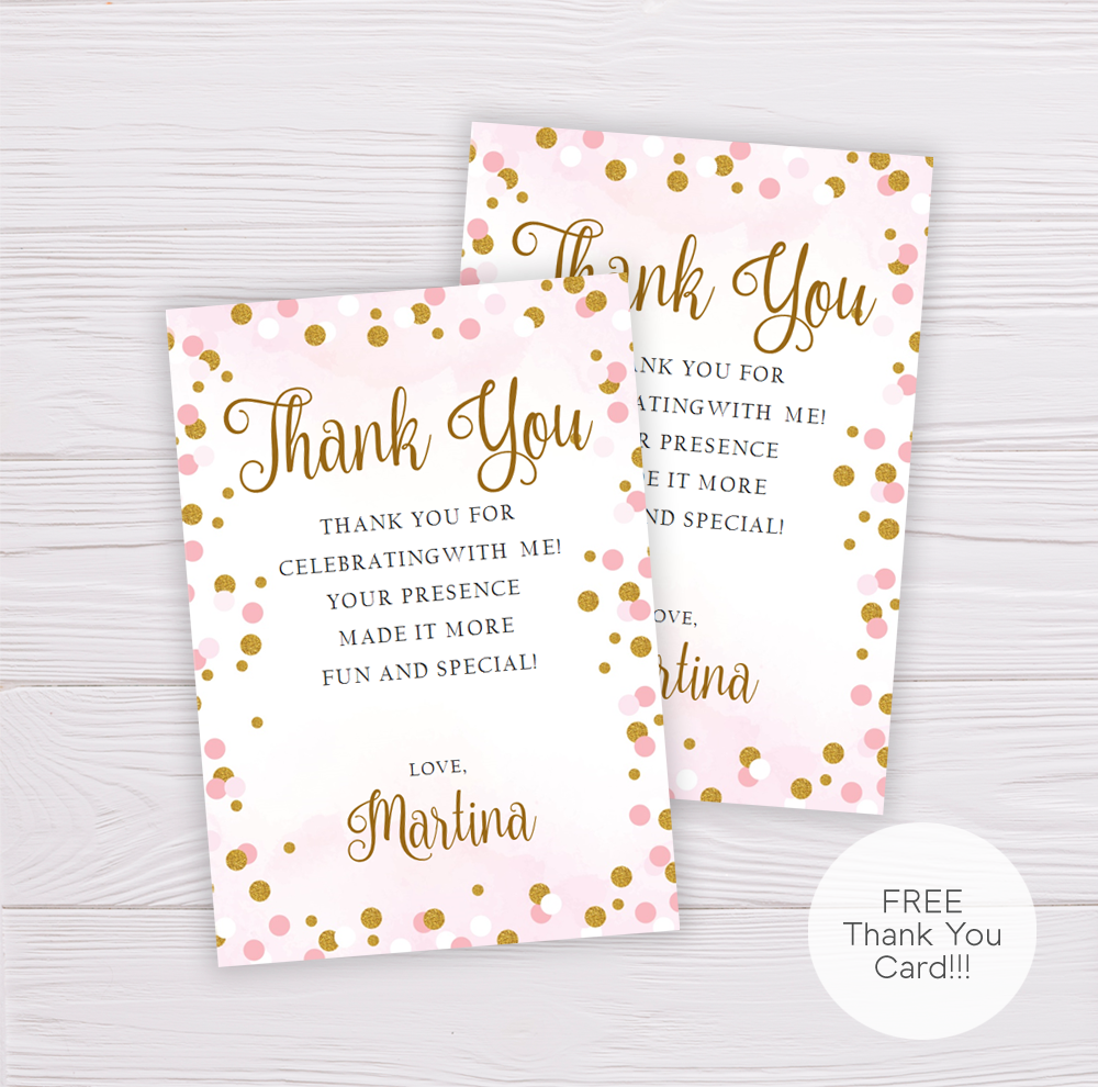 Confetti Blank Card Invitation Thank You Note Gold Glitter Pink