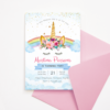 Rainbow Unicorn Invitation Template with Flowers & Gold Confetti