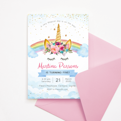 Rainbow Unicorn Invitation Template with Flowers & Gold Confetti