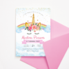 Rainbow Unicorn Invitation Template with Pink Flowers & Gold Confetti