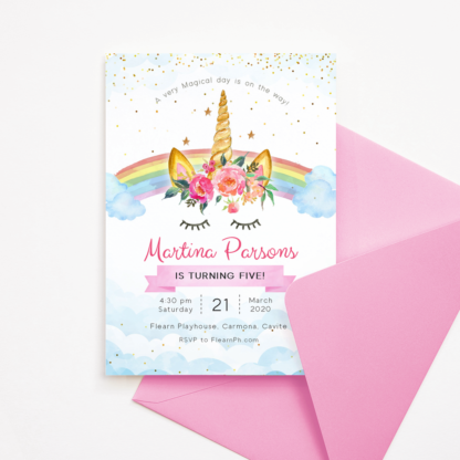 Rainbow Unicorn Invitation Template with Pink Flowers & Gold Confetti