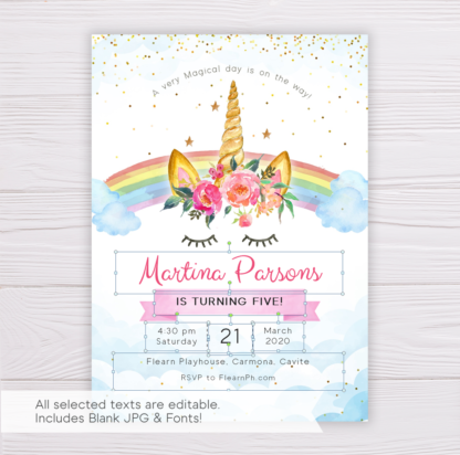 Rainbow Unicorn with Pink Flowers Invitation Template