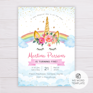 Rainbow Unicorn with Pink Flowers Invitation Template