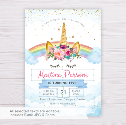 Rainbow Unicorn with Pink, Purple & Blue Flowers Invitation Template