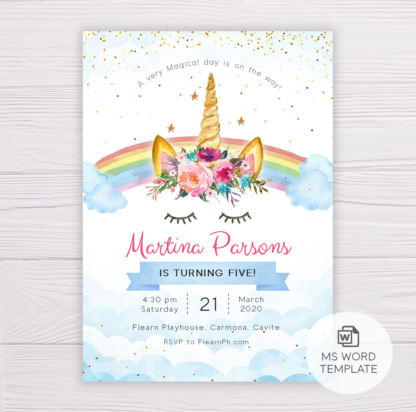 Unicorn with Pink, Purple & Blue Flowers Invitation Template