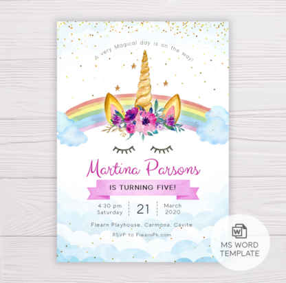 Rainbow Unicorn with Purple Flowers Invitation Template