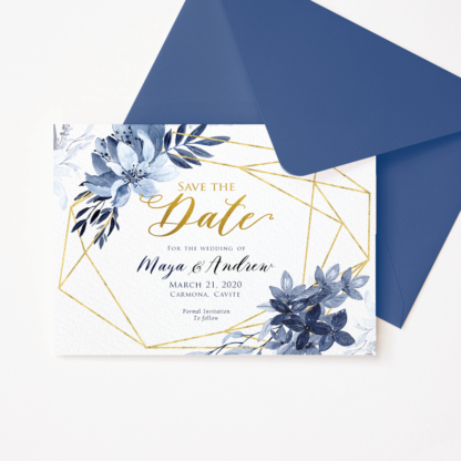 Save the Date Template with Blue Flowers & Gold Frame
