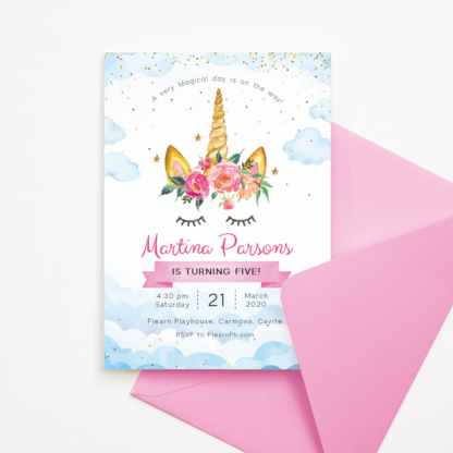 Unicorn Invitation Template in Clouds with Pink Flowers & Gold Confetti