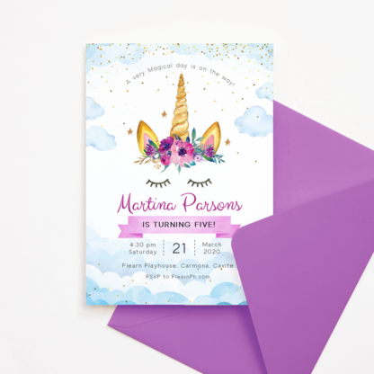 Unicorn Invitation Template in Clouds with Purple Flowers & Gold Confetti