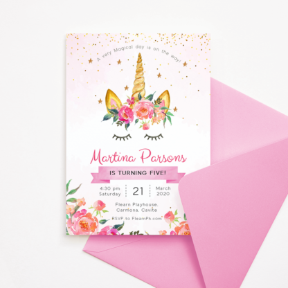 Unicorn Invitation Template with Pink Flowers