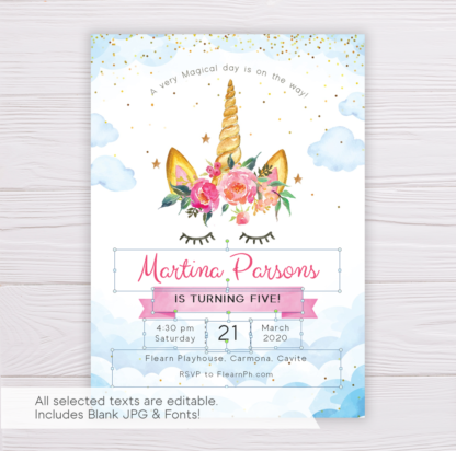 Unicorn with Pink Flowers in Clouds Invitation Template