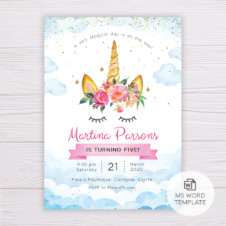 Unicorn with Pink Flowers in Clouds Invitation Template