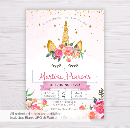 Unicorn with Pink Flowers Invitation Template