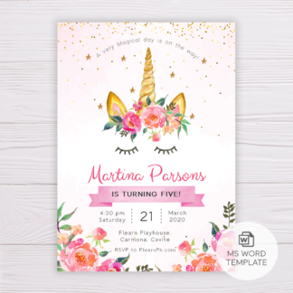 Unicorn with Pink Flowers Invitation Template
