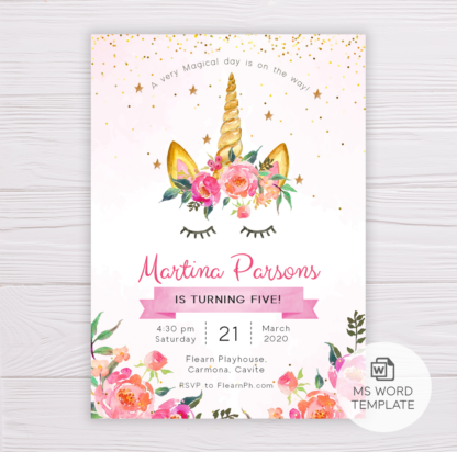 Unicorn with Pink Flowers Invitation Template