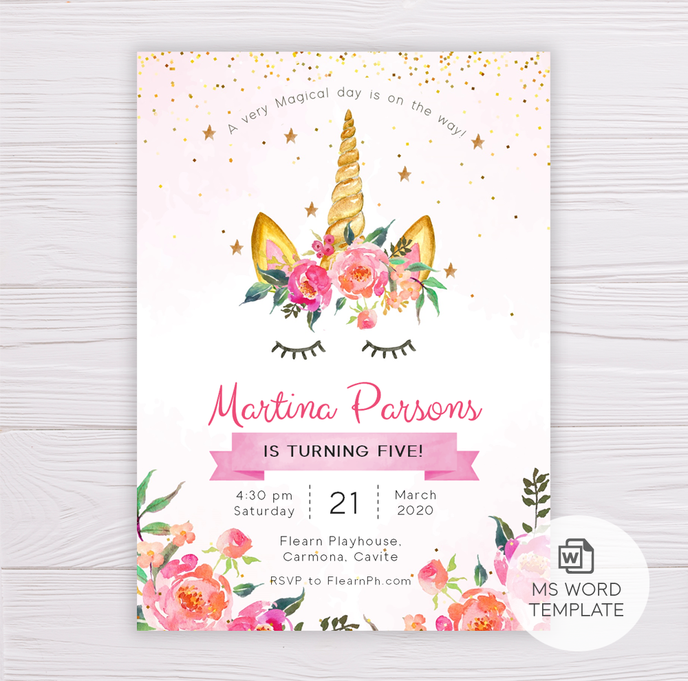 unicorn with pink flowers invitation template dgtally