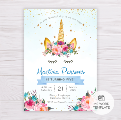 Unicorn with Pink, Purple & Blue Flowers Invitation Template