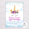 Unicorn with Purple Flowers in Clouds Invitation Template