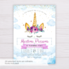 Unicorn with Purple Flowers in Clouds Invitation Template