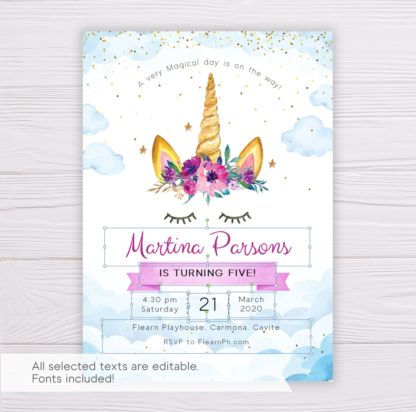 Unicorn with Purple Flowers in Clouds Invitation Template